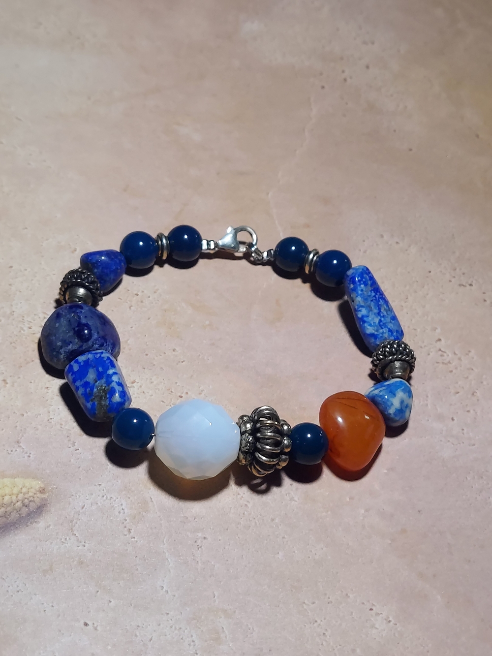 Handmade Sterling Silver 925 Lapis & Carnelian Bracelet